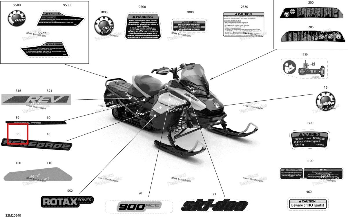 Деталь 516009734 на схеме узла 2020 Ski-Doo RENEGADE 900 ACE Body - Decals - Adrenaline