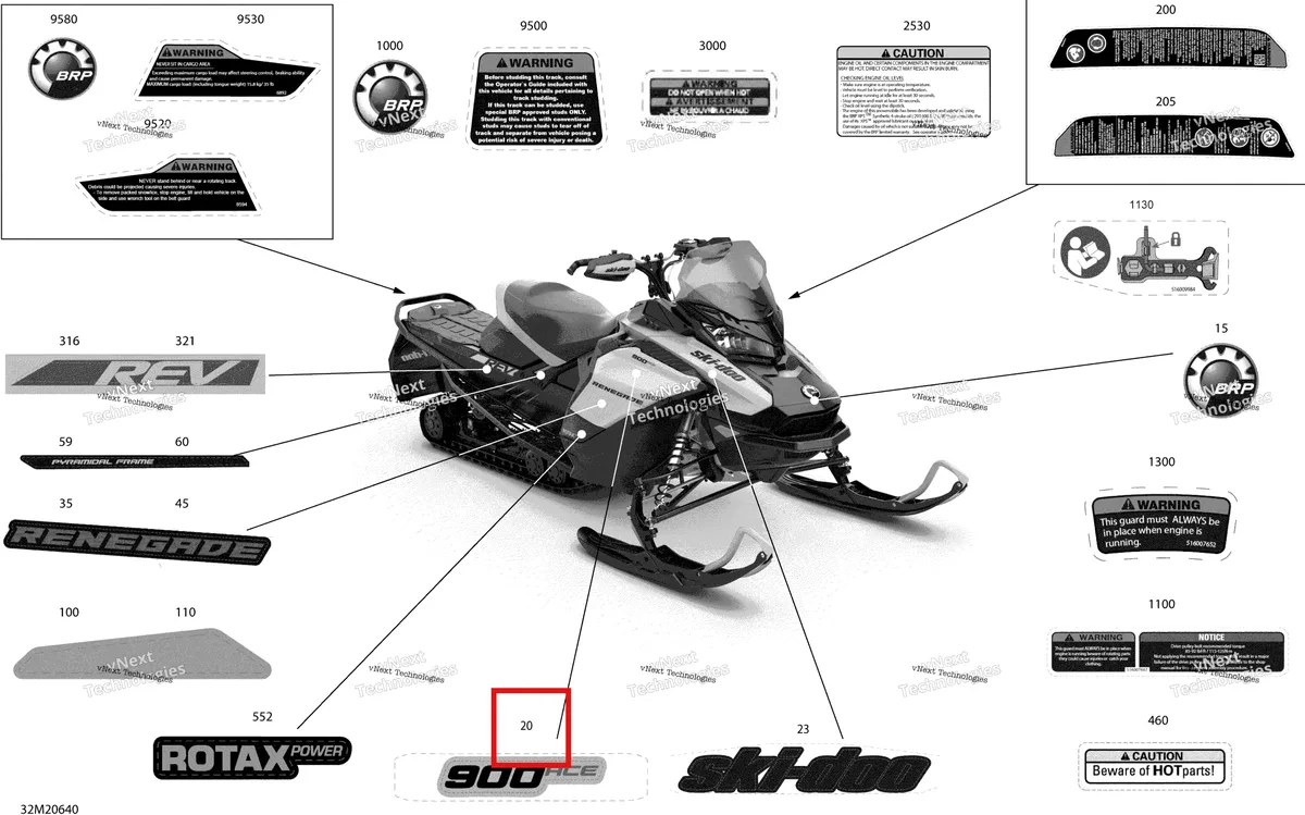 Деталь 516009736 на схеме узла 2020 Ski-Doo RENEGADE 900 ACE Body - Decals - Adrenaline
