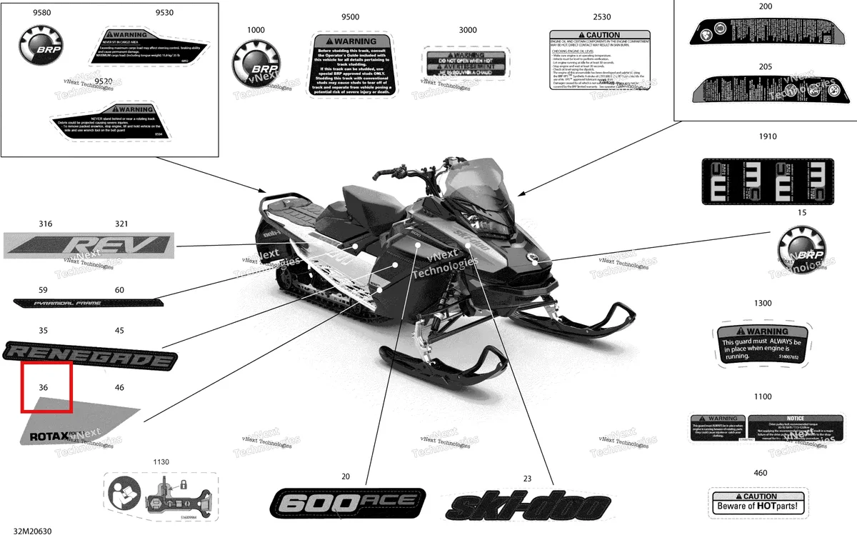 Деталь 516009772 на схеме узла 2020 Ski-Doo RENEGADE 600 ACE Body - Decals - Sport
