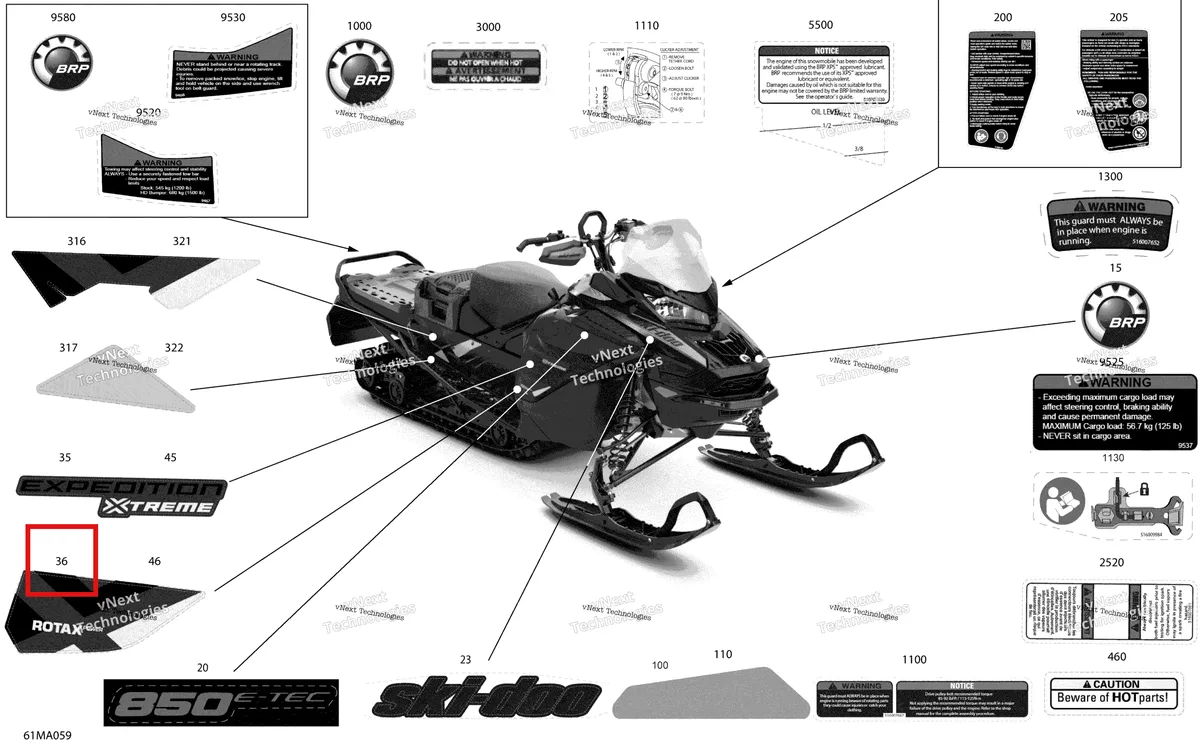 Деталь 516009802 на схеме узла 2021 Ski-Doo EXPEDITION XTREME 850 E-TEC Body - Decals