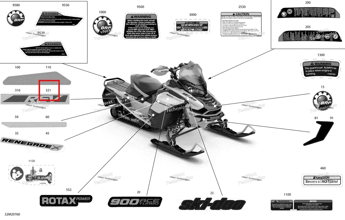 Деталь 516009810 на схеме узла 2020 Ski-Doo RENEGADE 900 ACE Turbo - X Body - Decals - X