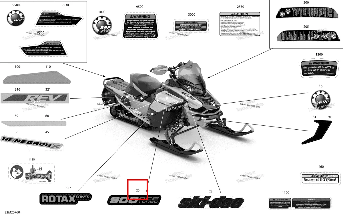 Деталь 516009845 на схеме узла 2020 Ski-Doo RENEGADE 900 ACE Turbo - X Body - Decals - X