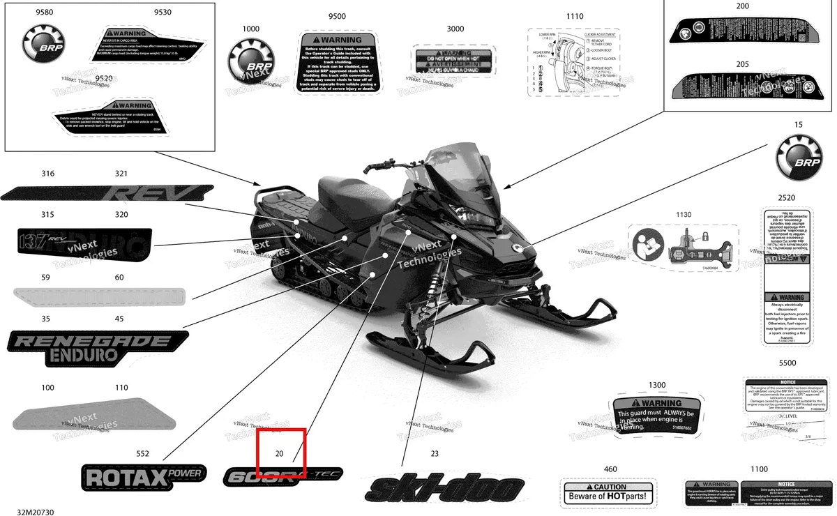Деталь 516009848 на схеме узла 2020 Ski-Doo RENEGADE 600R E-TEC - Enduro Body - Decals - Enduro