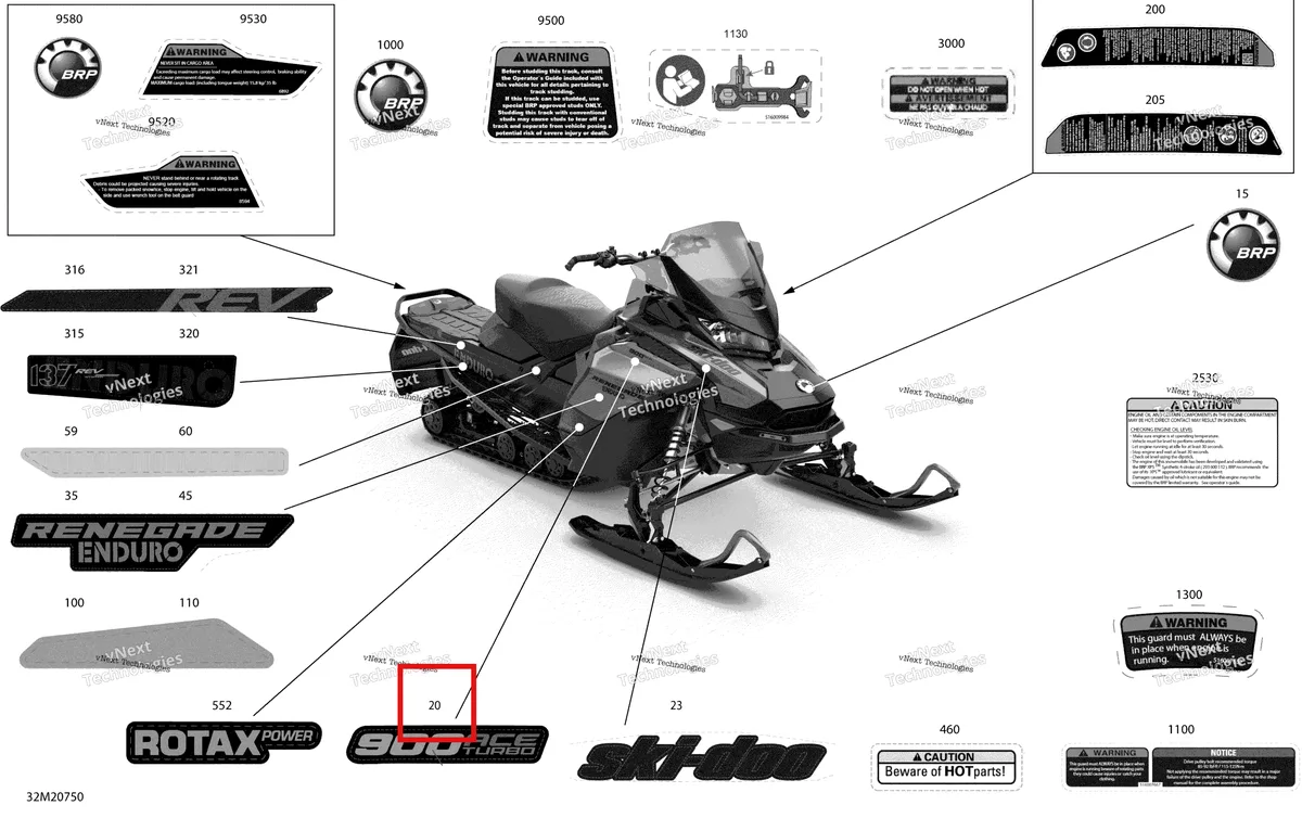 Деталь 516009849 на схеме узла 2020 Ski-Doo RENEGADE 900 ACE Turbo - ENDURO Body - Decals - Enduro