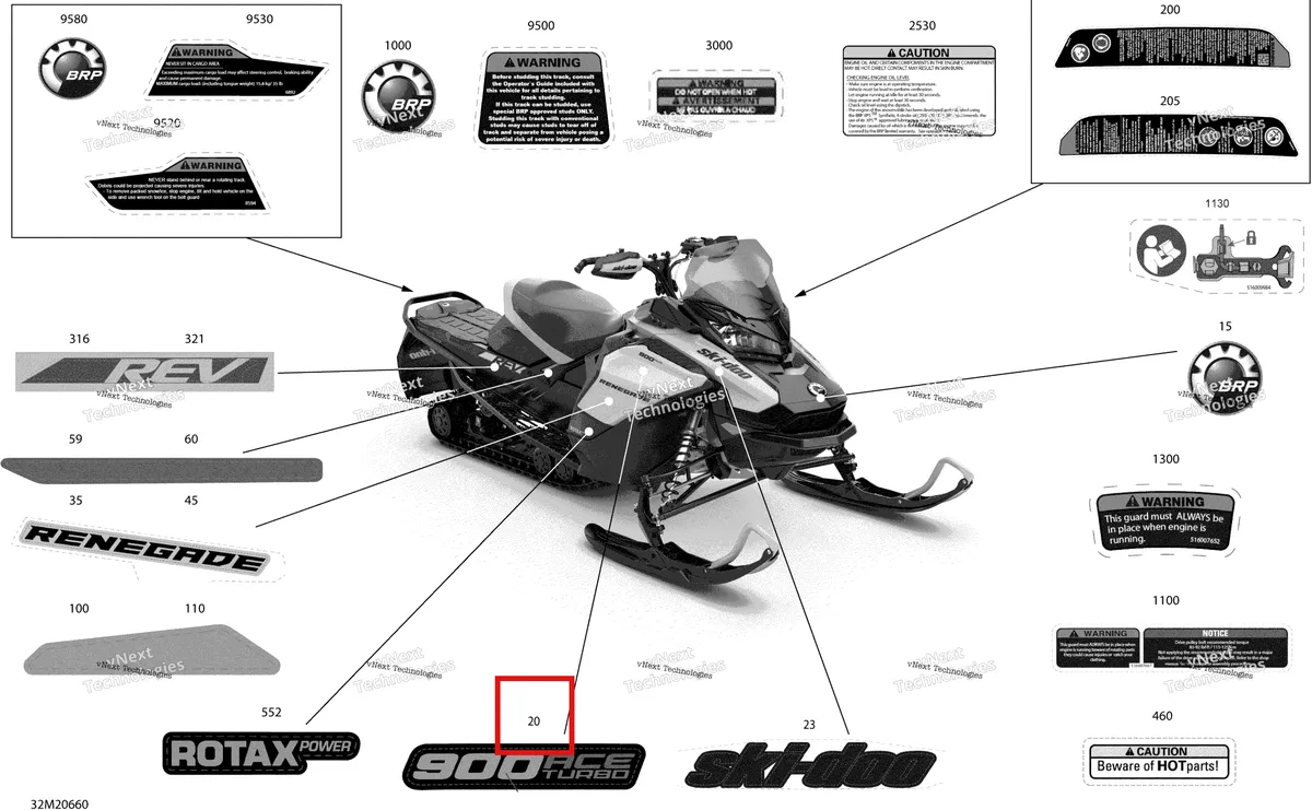 Деталь 516009854 на схеме узла 2020 Ski-Doo RENEGADE 900 ACE Turbo - ADRENALINE Body - Decals - Adrenaline