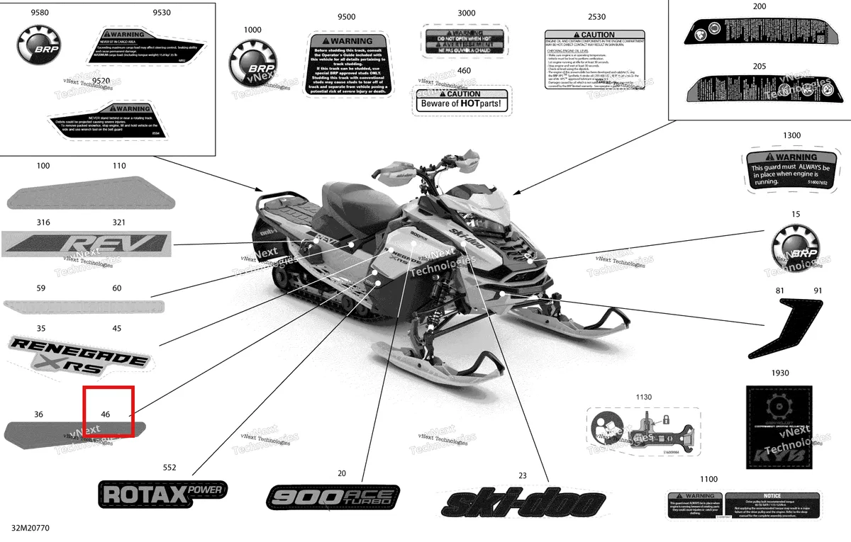 Деталь 516009884 на схеме узла 2020 Ski-Doo RENEGADE 900 ACE Turbo - XRS Body - Decals - Xrs