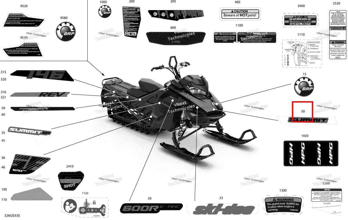 Деталь 516009887 на схеме узла 2020 Ski-Doo SUMMIT 600R E-TEC Body - Decals - Sp - 146