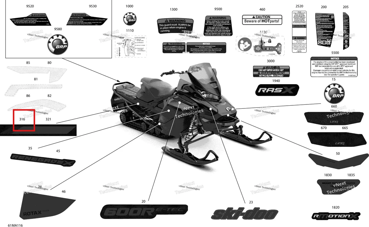 Деталь 516010059 на схеме узла 2021 Ski-Doo RENEGADE 600R E-TEC - Adrenaline X Body - Decals - X