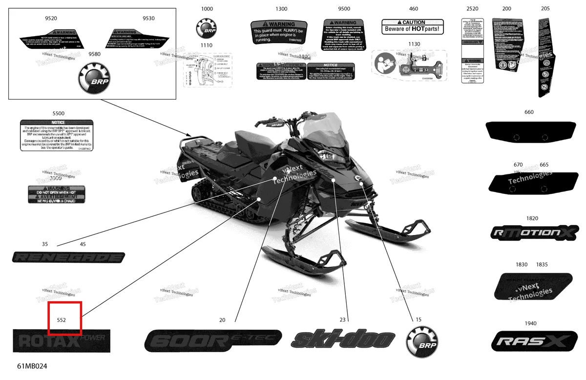 Деталь 516010064 на схеме узла 2022 Ski-Doo RENEGADE 600R E-TEC - Adrenaline Body - Decals