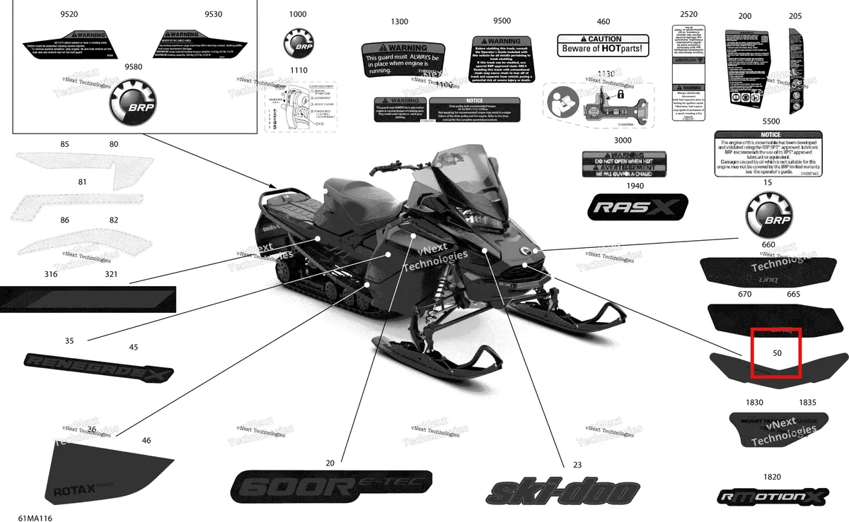 Деталь 516010066 на схеме узла 2021 Ski-Doo RENEGADE 600R E-TEC - Adrenaline X Body - Decals - X