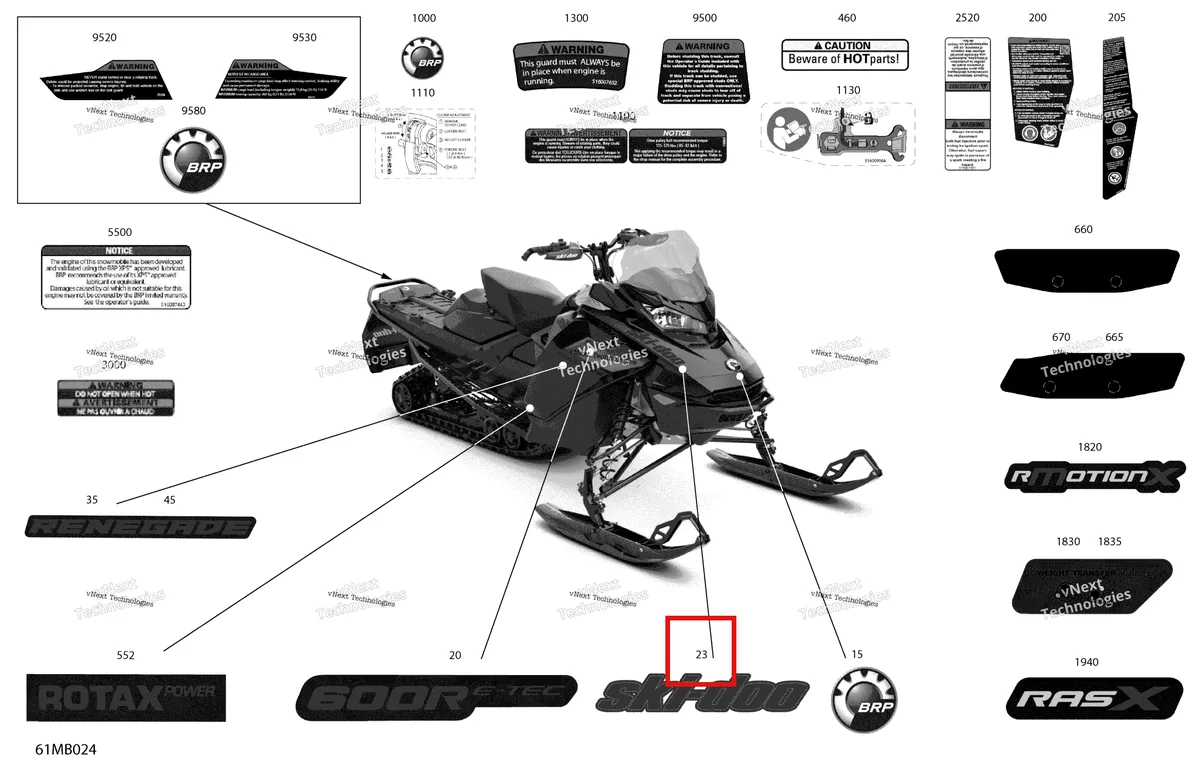 Деталь 516010068 на схеме узла 2022 Ski-Doo RENEGADE 600R E-TEC - Adrenaline Body - Decals