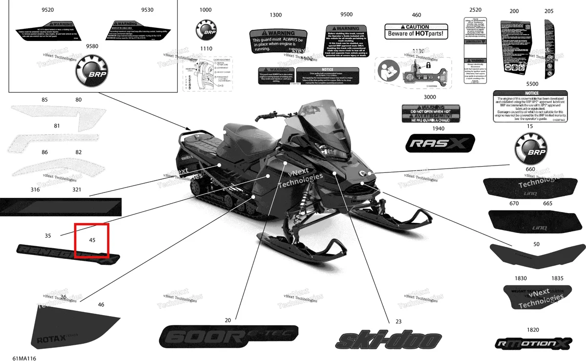 Деталь 516010080 на схеме узла 2021 Ski-Doo RENEGADE 600R E-TEC - Adrenaline X Body - Decals - X
