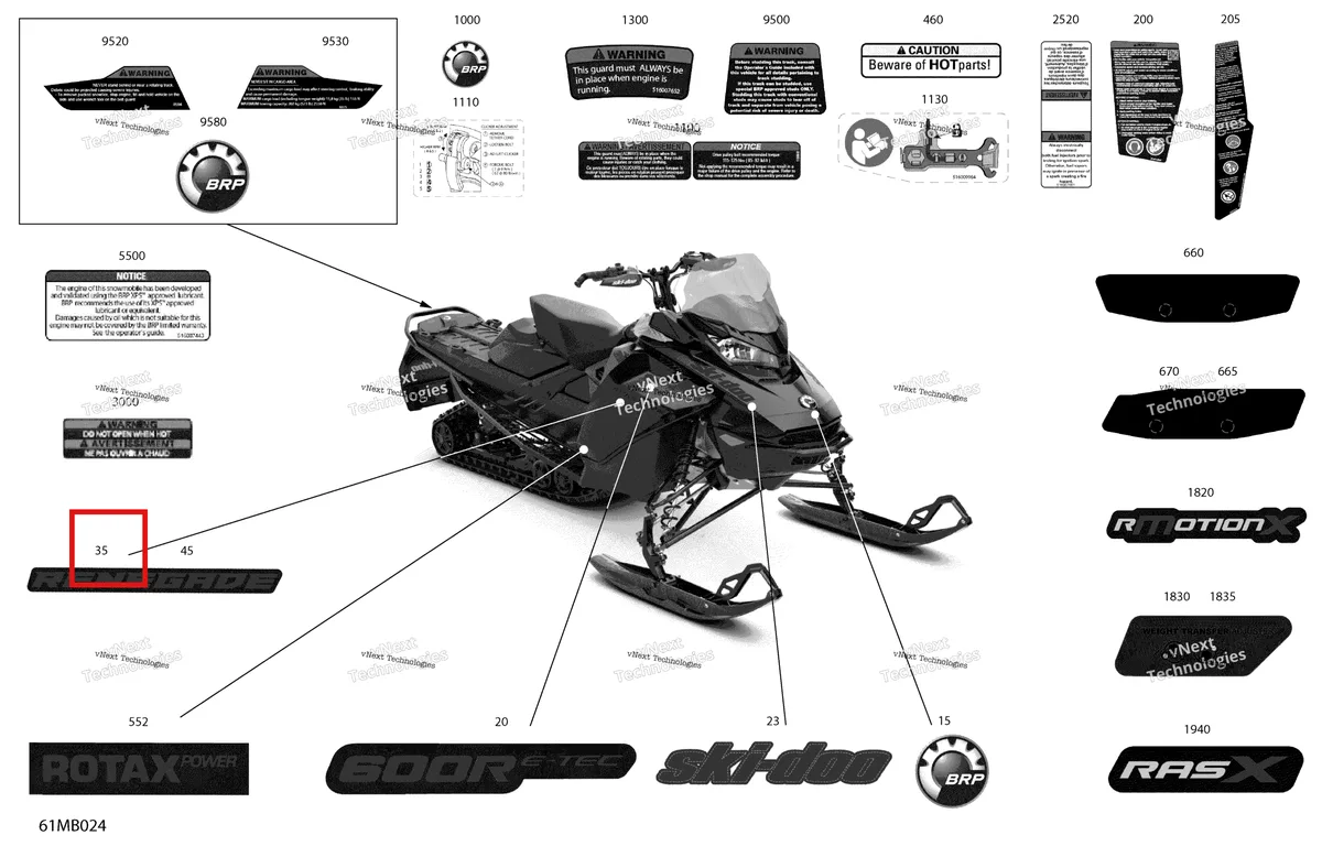 Деталь 516010097 на схеме узла 2022 Ski-Doo RENEGADE 600R E-TEC - Adrenaline Body - Decals