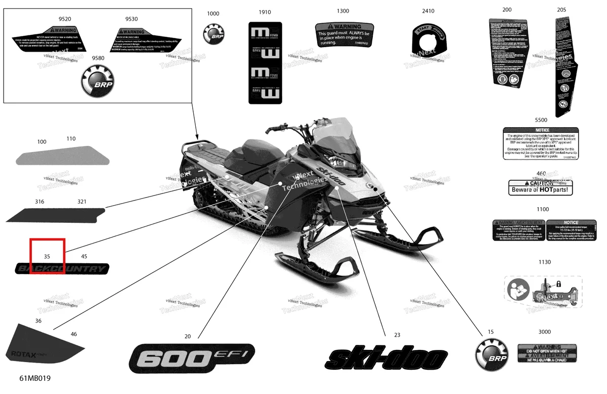 Деталь 516010145 на схеме узла 2022 Ski-Doo BACKCOUNTRY 600 EFI - SPORT Body - Decals