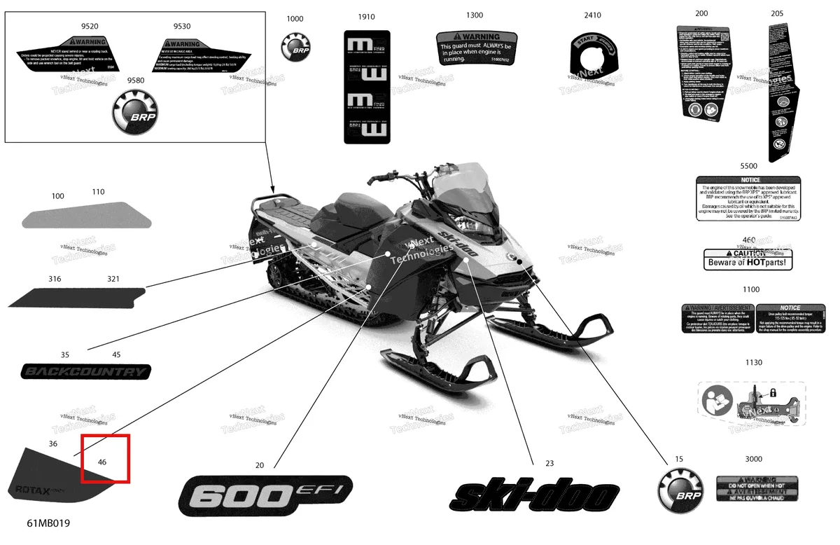 Деталь 516010146 на схеме узла 2022 Ski-Doo BACKCOUNTRY 600 EFI - SPORT Body - Decals