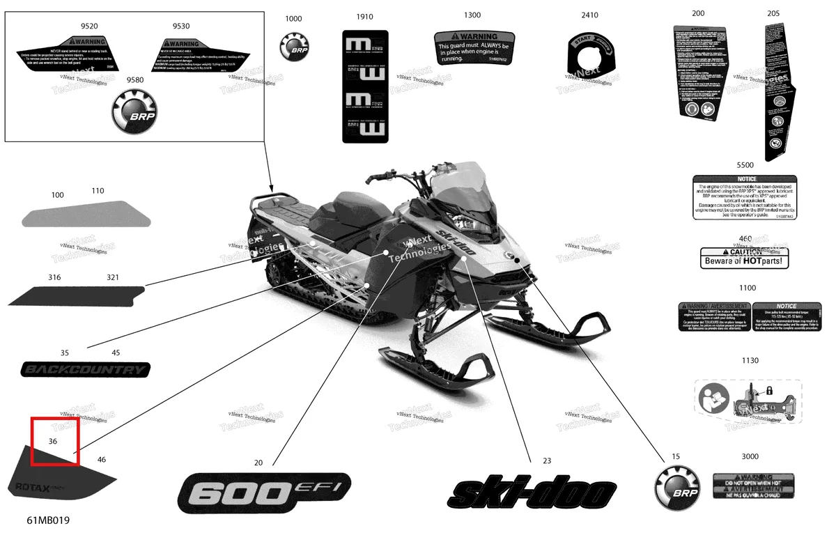 Деталь 516010147 на схеме узла 2022 Ski-Doo BACKCOUNTRY 600 EFI - SPORT Body - Decals