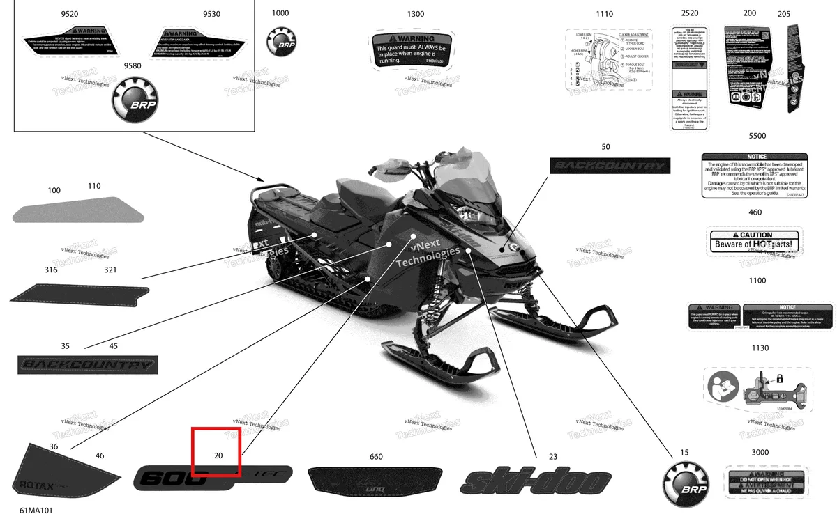 Деталь 516010149 на схеме узла 2021 Ski-Doo BACKCOUNTRY 600R E-TEC - STD Body - Decals