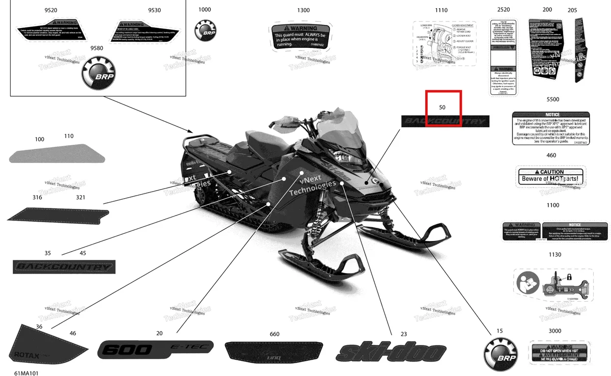 Деталь 516010150 на схеме узла 2021 Ski-Doo BACKCOUNTRY 600R E-TEC - STD Body - Decals