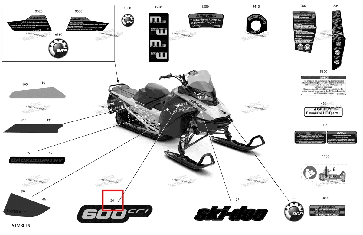 Деталь 516010161 на схеме узла 2022 Ski-Doo BACKCOUNTRY 600 EFI - SPORT Body - Decals