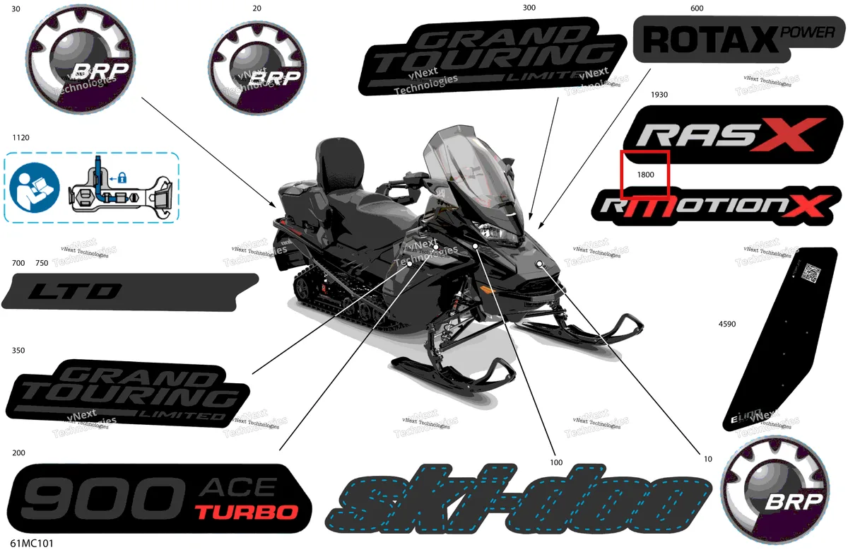 Деталь 516010174 на схеме узла 2023 Ski-Doo GRAND TOURING 900 ACE TURBO - LTD Body - Decals