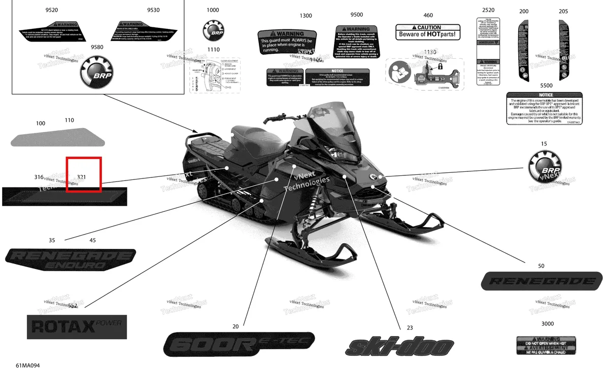 Деталь 516010214 на схеме узла 2021 Ski-Doo RENEGADE 600R E-TEC - Enduro Body - Decals