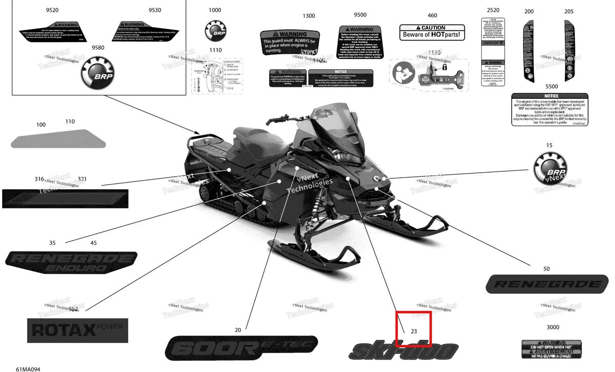 Деталь 516010223 на схеме узла 2021 Ski-Doo RENEGADE 600R E-TEC - Enduro Body - Decals