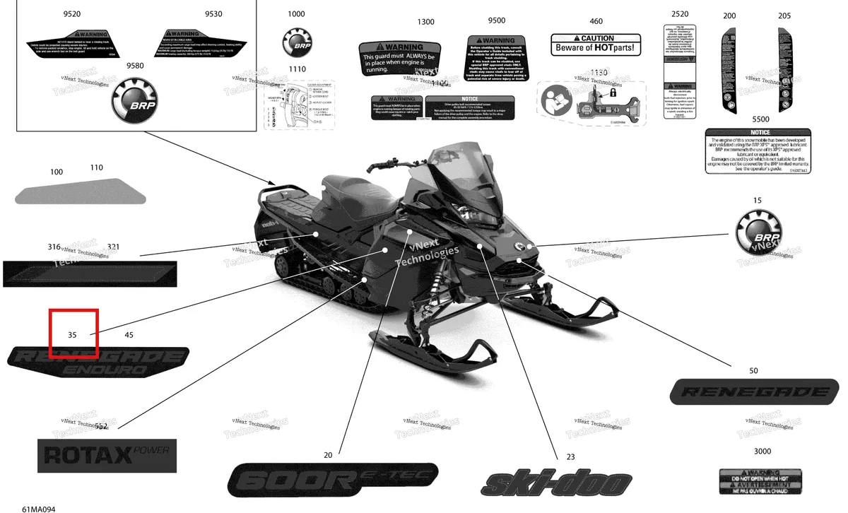 Деталь 516010227 на схеме узла 2021 Ski-Doo RENEGADE 600R E-TEC - Enduro Body - Decals