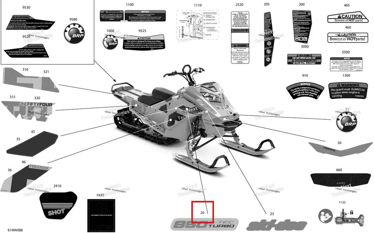 Деталь 516010250 на схеме узла 2021 Ski-Doo FREERIDE 154 850 E-TEC Turbo Body - Decals