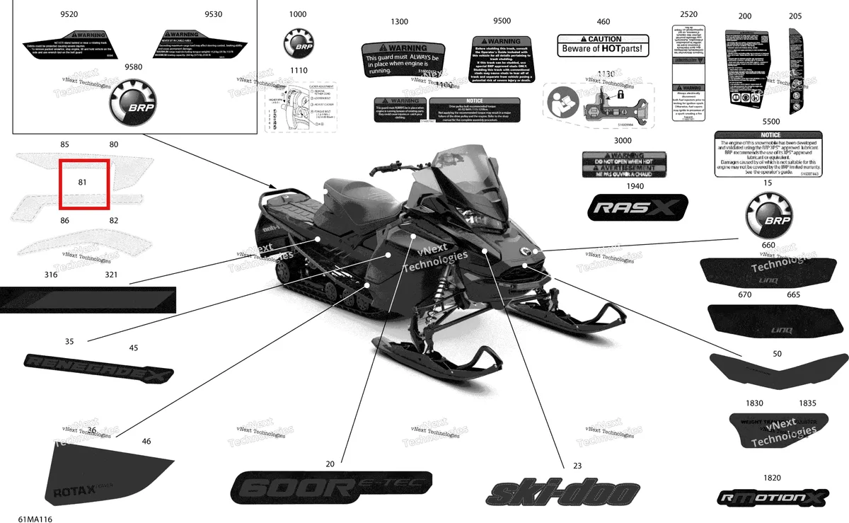 Деталь 516010432 на схеме узла 2021 Ski-Doo RENEGADE 600R E-TEC - Adrenaline X Body - Decals - X