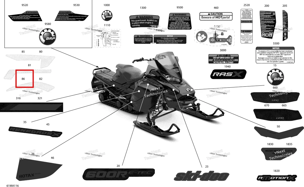 Деталь 516010433 на схеме узла 2021 Ski-Doo RENEGADE 600R E-TEC - Adrenaline X Body - Decals - X