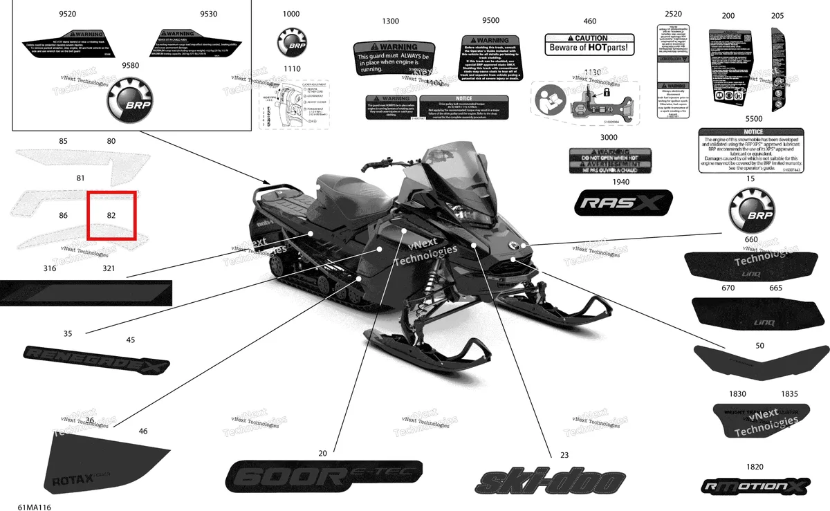 Деталь 516010434 на схеме узла 2021 Ski-Doo RENEGADE 600R E-TEC - Adrenaline X Body - Decals - X