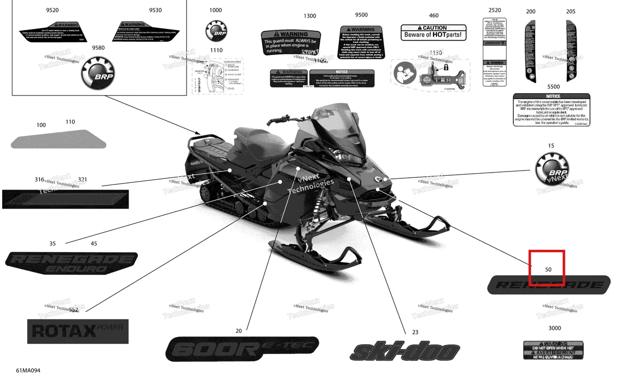 Деталь 516010477 на схеме узла 2021 Ski-Doo RENEGADE 600R E-TEC - Enduro Body - Decals
