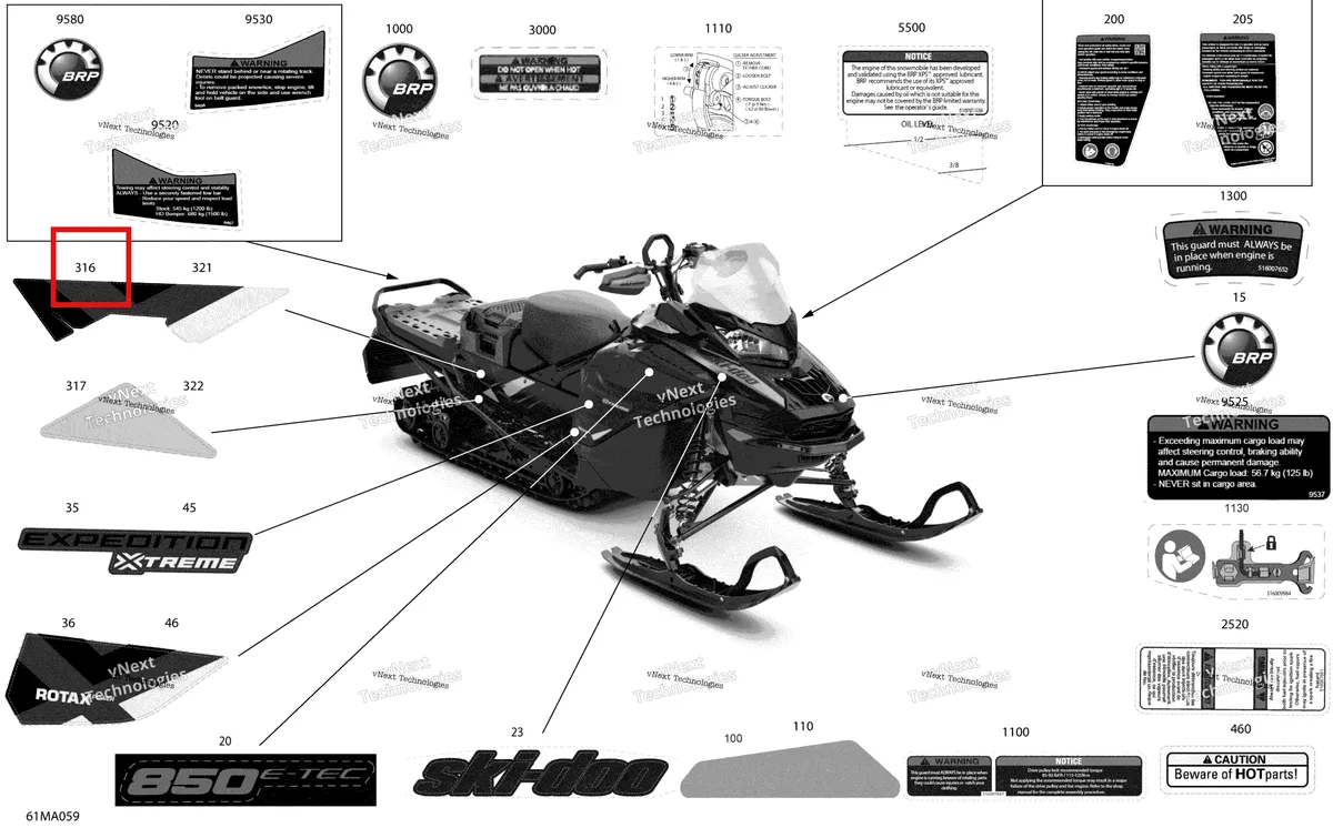 Деталь 516010498 на схеме узла 2021 Ski-Doo EXPEDITION XTREME 850 E-TEC Body - Decals