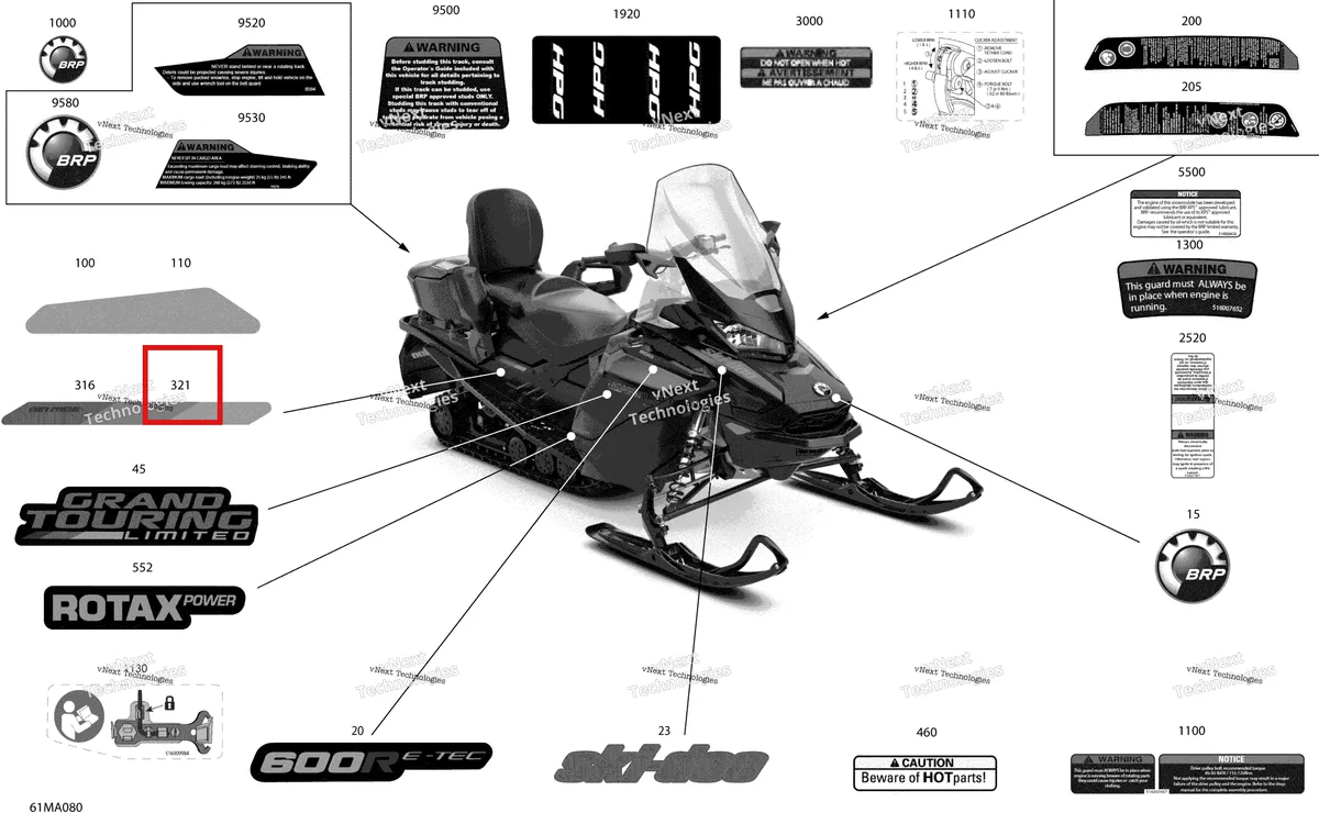 Деталь 516010519 на схеме узла 2021 Ski-Doo GRAND TOURING 600R E-TEC Body - Decals