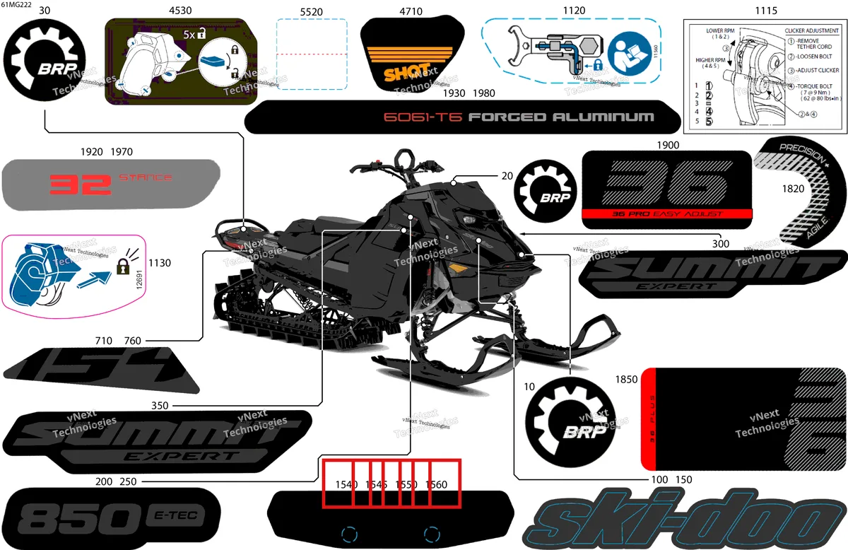 Деталь 516010932 на схеме узла 2027 Ski-Doo SUMMIT - EXPERT - 850 E-TEC - TGVB - Deep Black - 16X154X3P4 Track - SHOT starter Body - Decals