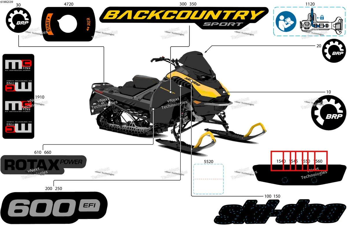 Деталь 516010972 на схеме узла 2027 Ski-Doo BACKCOUNTRY - SPORT - 600 EFI - UBVA - Neo Yellow - 16X146X2.0P Track Body - Decals