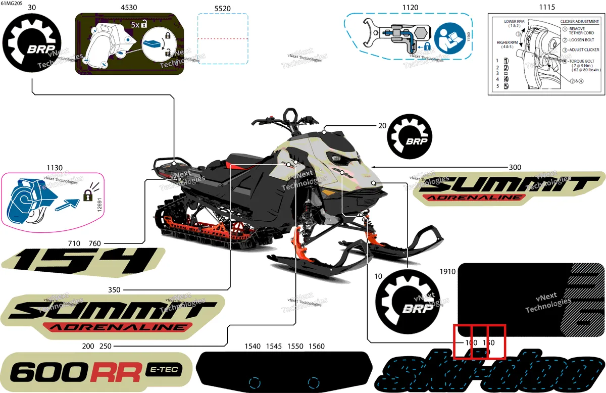 Деталь 516011476 на схеме узла 2027 Ski-Doo SUMMIT - Adrenaline - 600RR E -TEC - CEVG - Northern Lichen - 16X154X2.5PLF Track Body - Decals