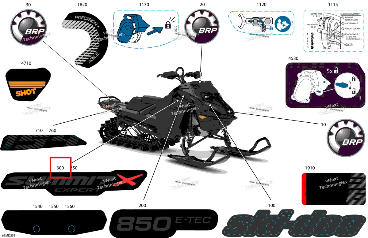 Деталь 516011498 на схеме узла 2024 Ski-Doo SUMMIT 850 E-TEC - X with Expert Package - TGRB - Deep Black - 154X16X3P4 Track Body - Decals