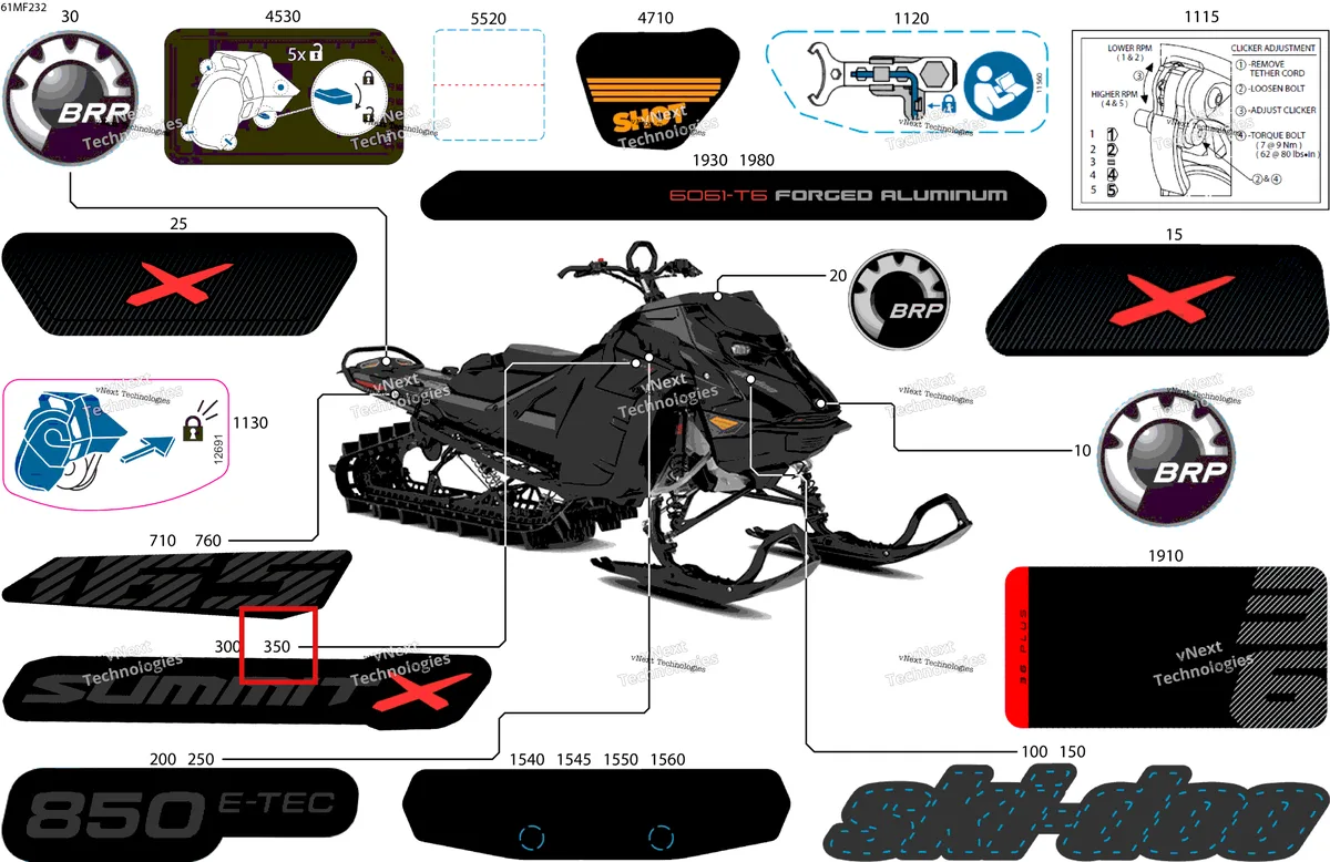 Деталь 516011570 на схеме узла 2026 Ski-Doo SUMMIT - X - 850 E-TEC - TDTC - Deep Black - 16X165X3P4F Track Body - Decals