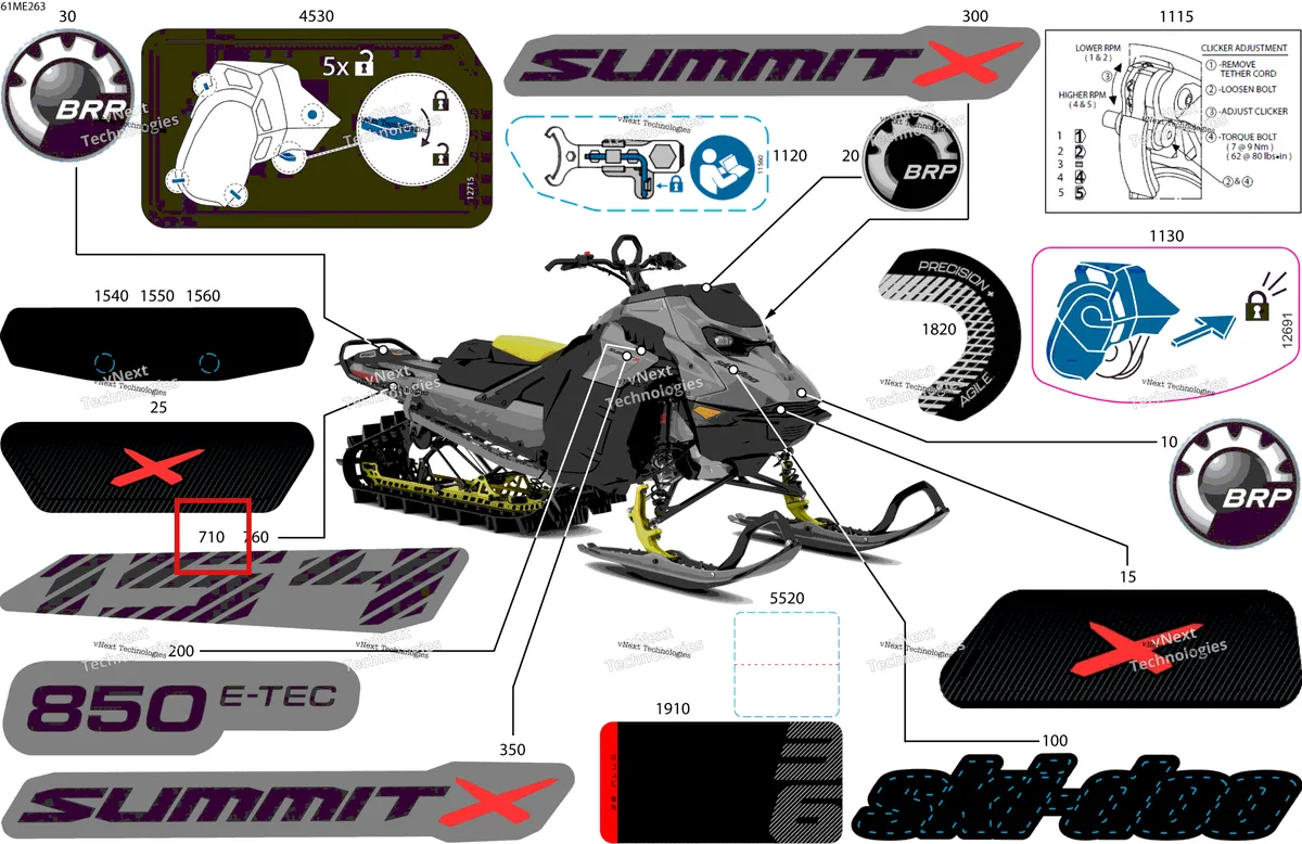 Деталь 516012350 на схеме узла 2025 Ski-Doo SUMMIT - 850 E-TEC - X - TNSG - Monument Gray - 154X16X2.5PLF Track Body - Decals