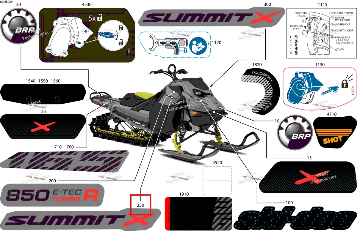 Деталь 516012394 на схеме узла 2025 Ski-Doo SUMMIT - 850 E-TEC Turbo R - X - TASC - Monument Gray - 165X16X3P4F Track Body - Decals