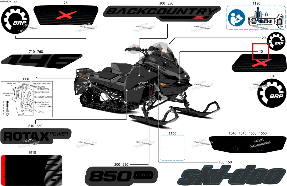 Деталь 516012580 на схеме узла 2027 Ski-Doo BACKCOUNTRY - X - 850 E-TEC - UXVA - Deep Black - 16X146X2.0P Track Body - Decals