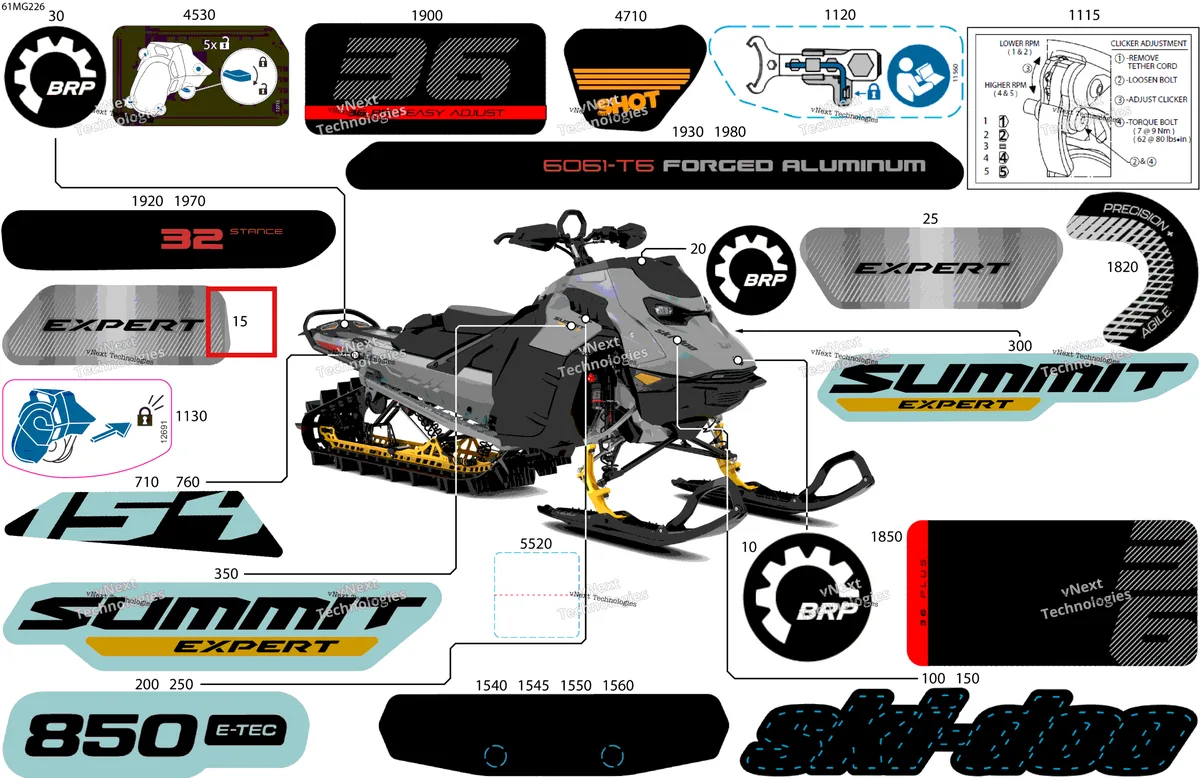 Деталь 516012597 на схеме узла 2027 Ski-Doo SUMMIT - EXPERT - 850 E-TEC - TGVH - Airy Blue - 16X154X2.5PL Track - SHOT starter Body - Decals