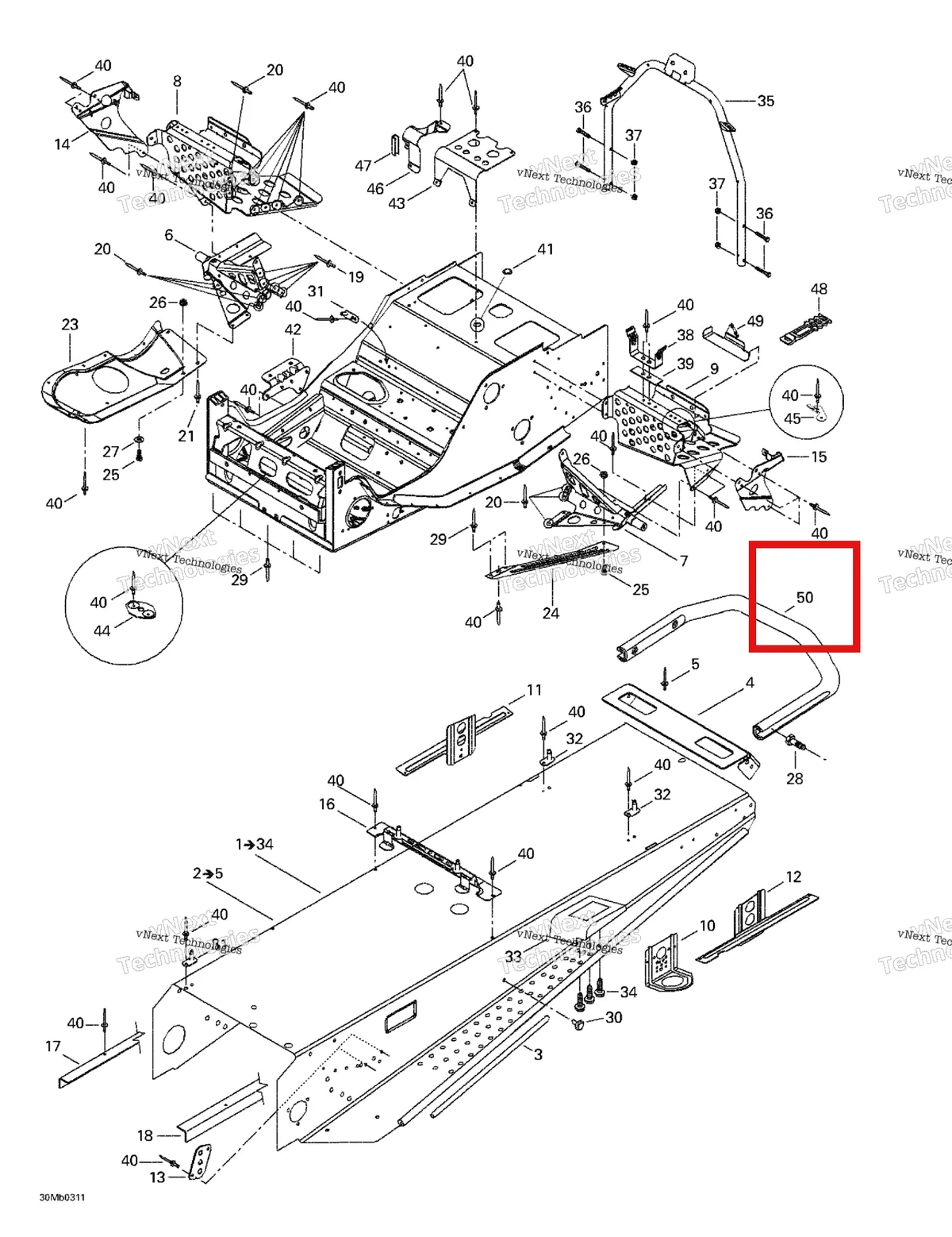 Деталь 517243800 (Деталь Rear Pumber) на схеме узла 2003 Ski-Doo Grand Touring 380 F/550 F Frame And Accessories