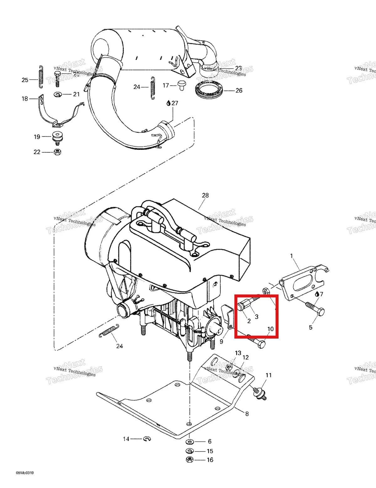 Деталь 517244200 (Винт) на схеме узла 2003 Ski-Doo Skandic LT 440F Engine Support And Muffler