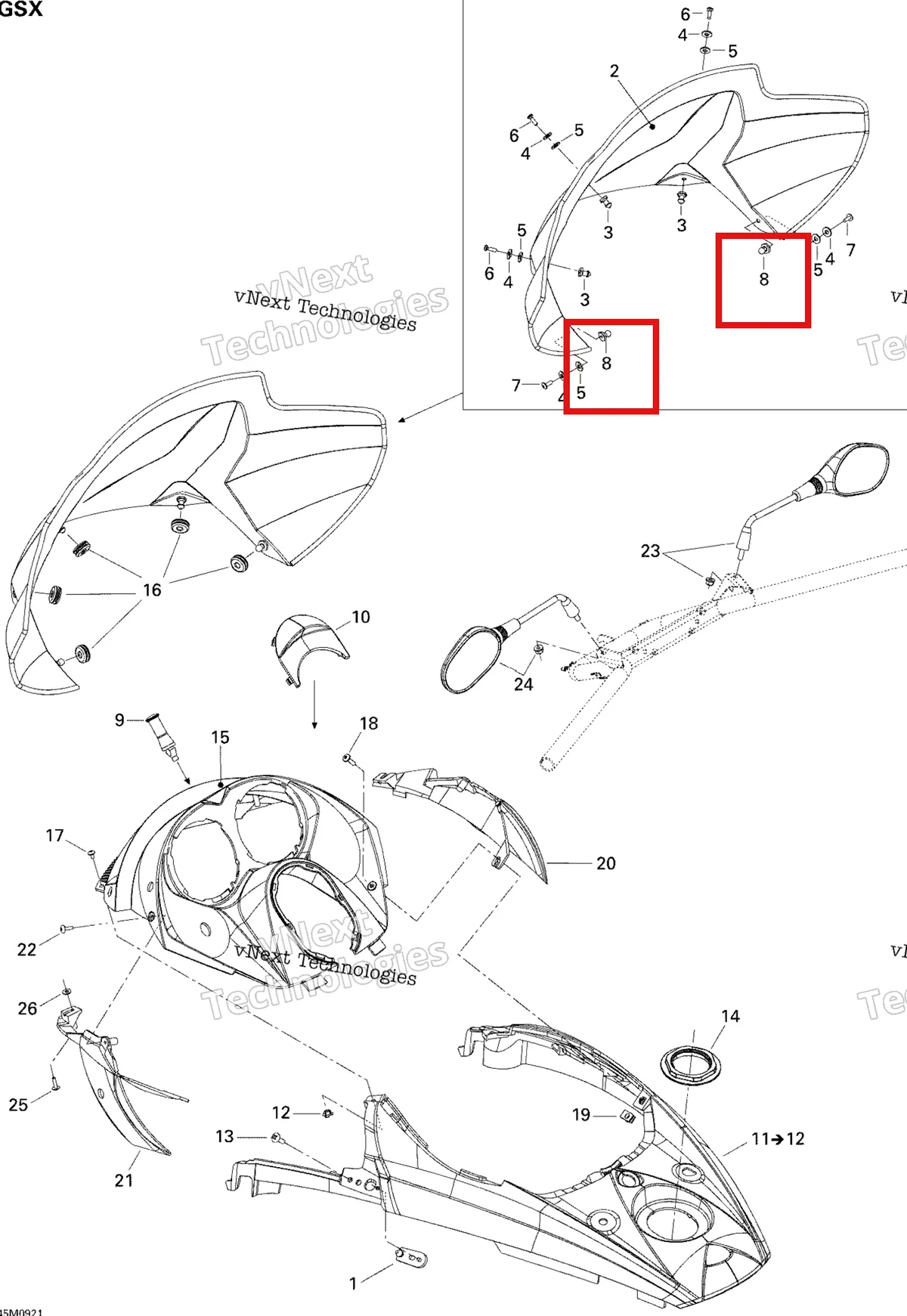 Деталь 517245800 (Штифт) на схеме узла 2009 Ski-Doo GSX Fan Windshield And Console