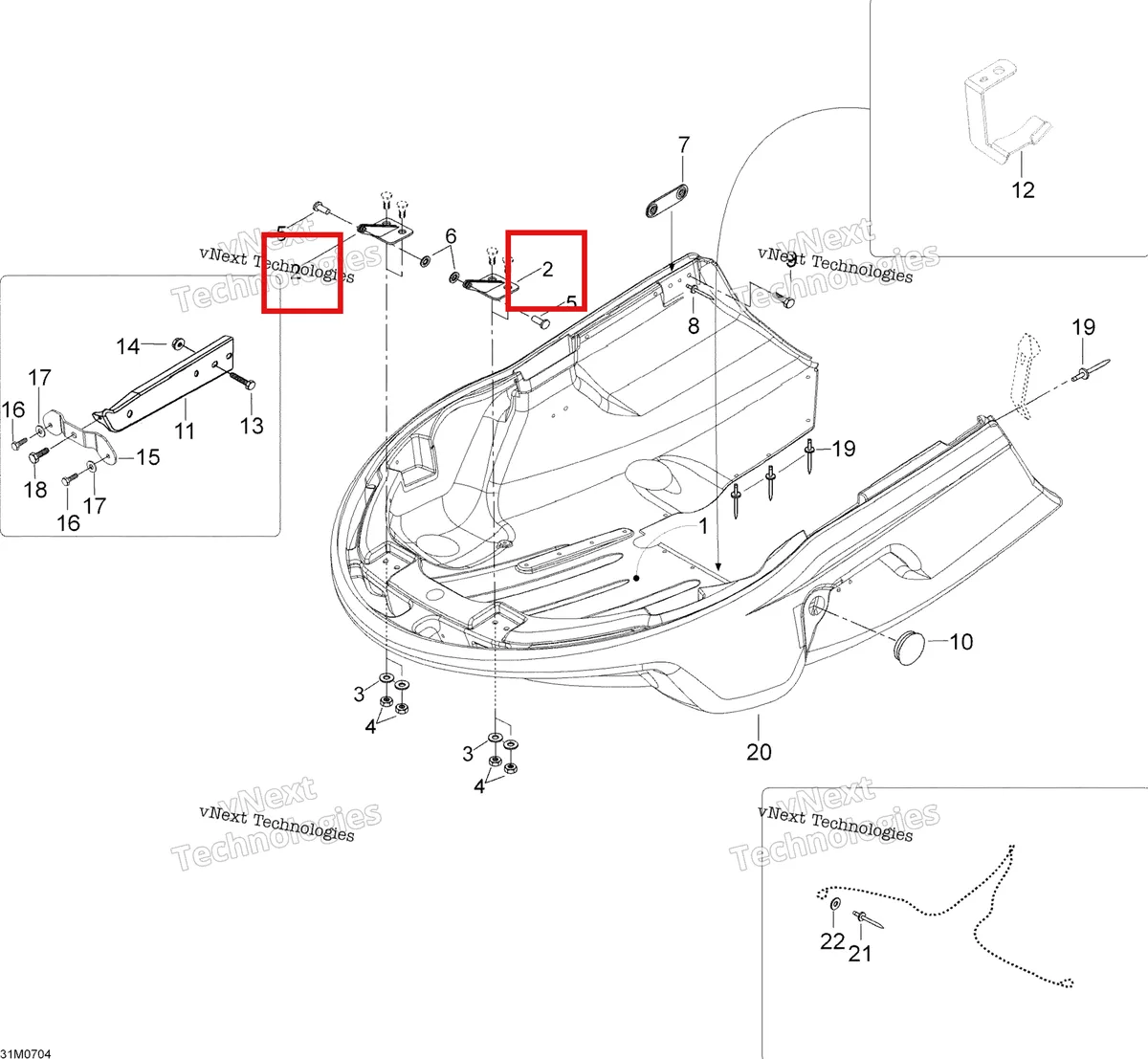 Деталь 517289900 (Деталь Hinge, Lower) на схеме узла 2007 Ski-Doo Skandic LT 440F Bottom Pan