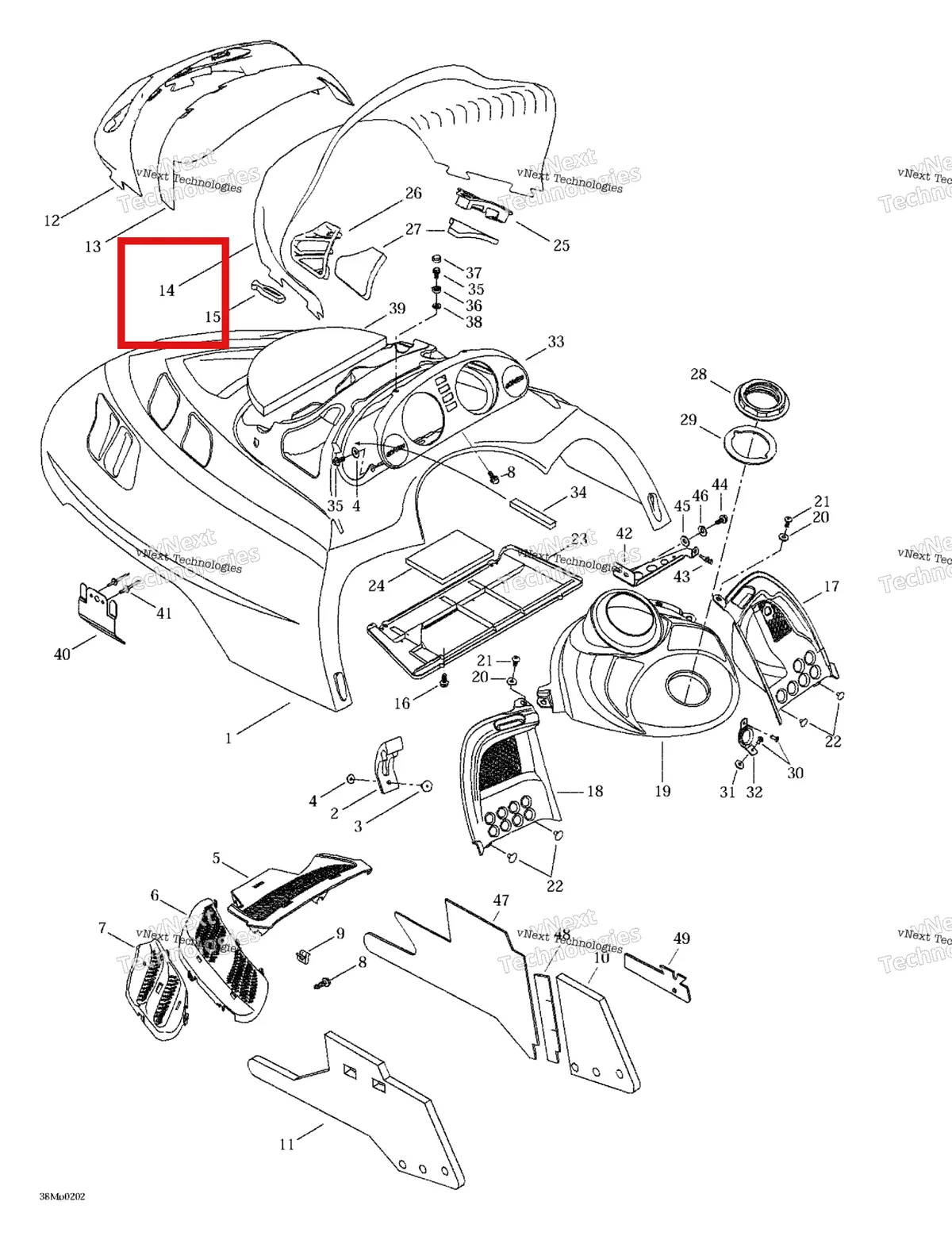 Деталь 517302002 (Стекло ветровое ,низкое) на схеме узла 2002 Ski-Doo MX Z 500/600/700/800 Cab, Console