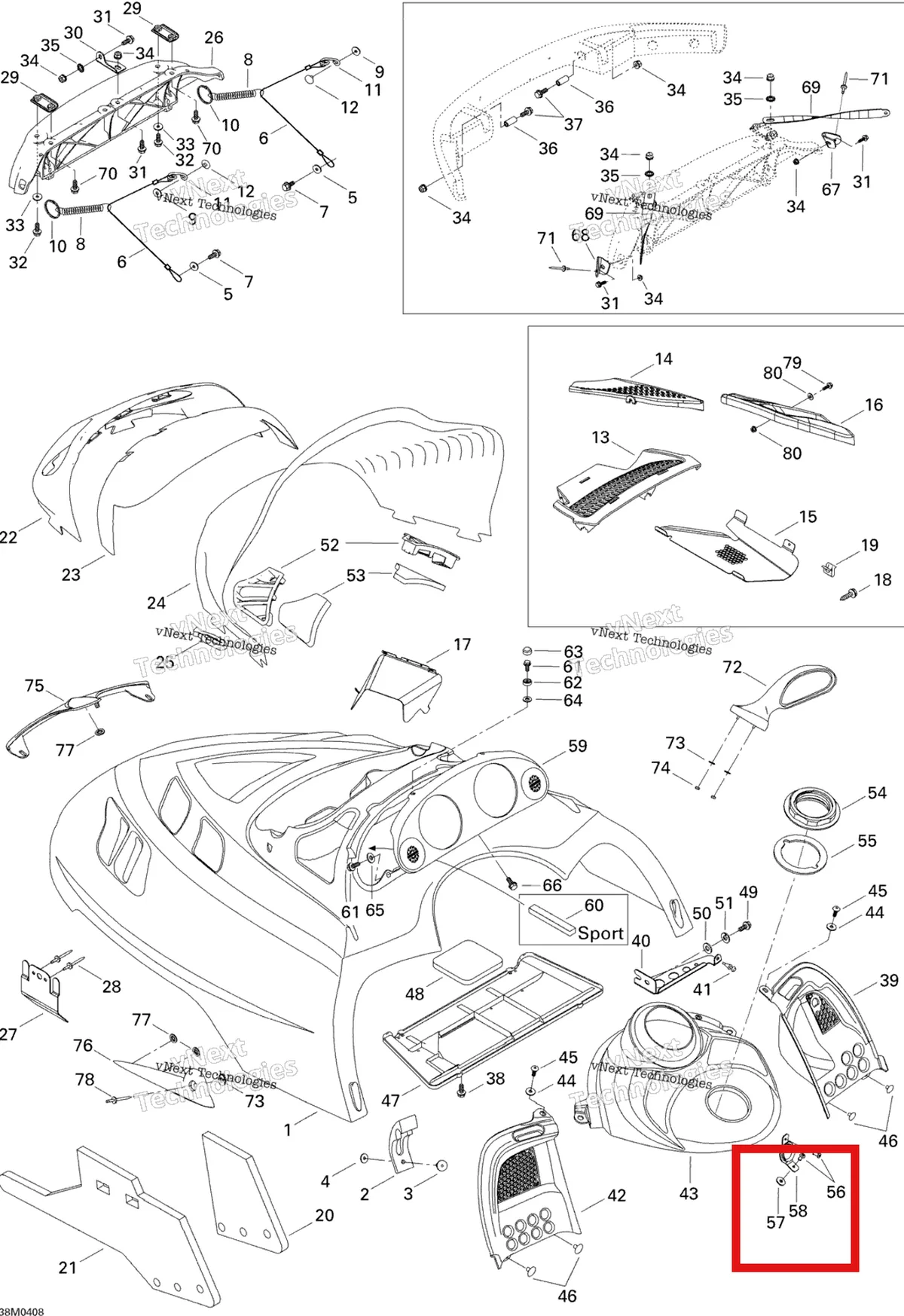 Деталь 517302129 (Деталь Rope Guide) на схеме узла 2004 Ski-Doo Legend 600 HO SDI Hood