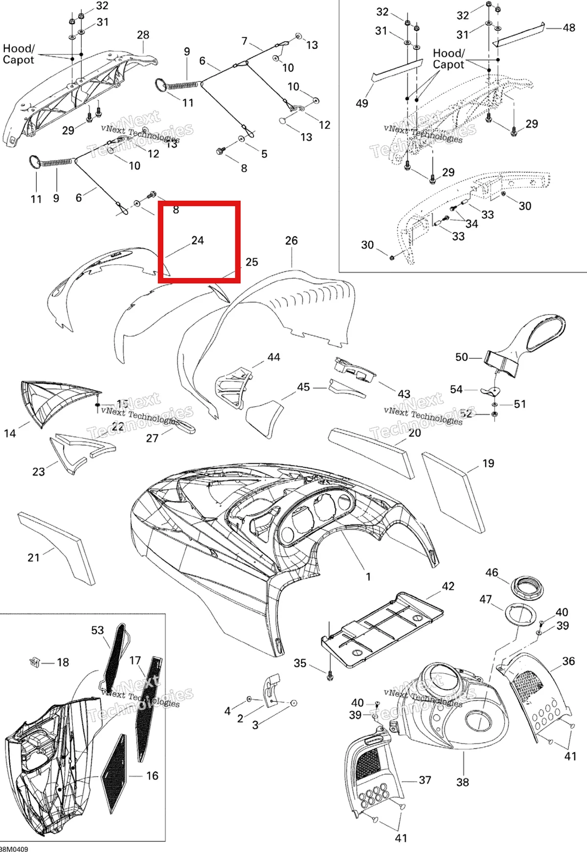 Деталь 517302158 (Деталь Moulding Head Lamp) на схеме узла 2005 Ski-Doo Legend V-1000 Cab And Console